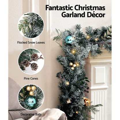 Jingle Jollys 2.7m Christmas Garland with Wreath Set LED Lights Snowy Xmas Decor XM-TR-GAR-WRE-FROST-LED