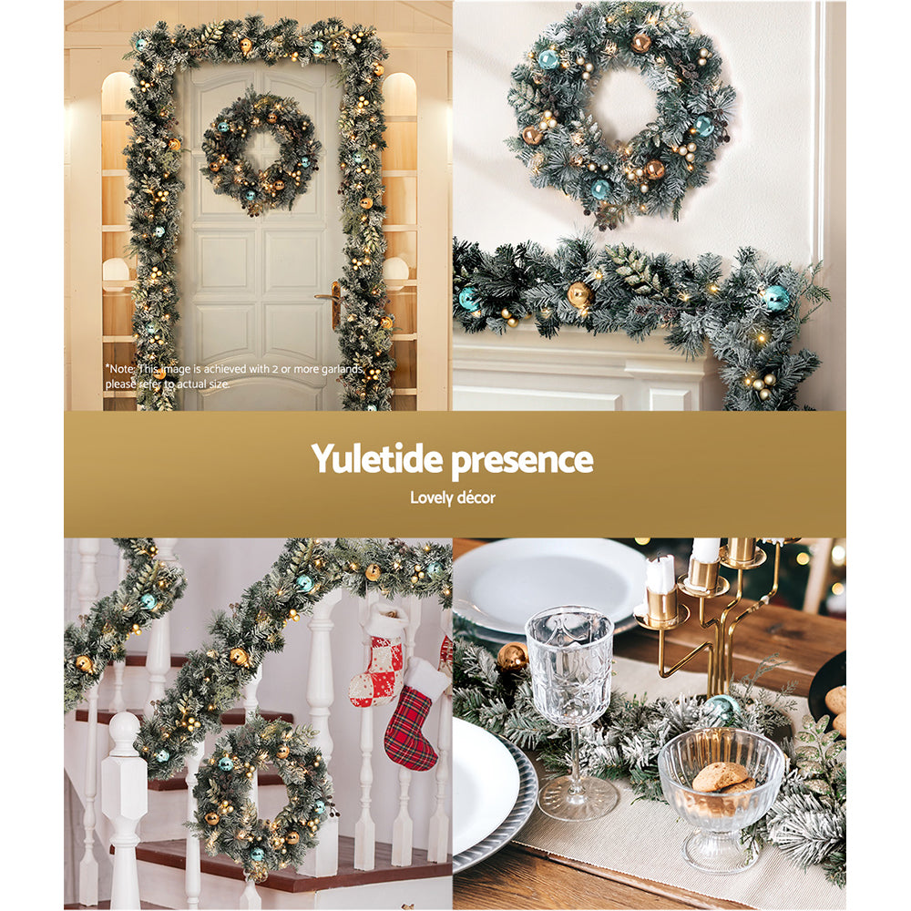 Jingle Jollys 2.7m Christmas Garland with Wreath Set LED Lights Snowy Xmas Decor XM-TR-GAR-WRE-FROST-LED