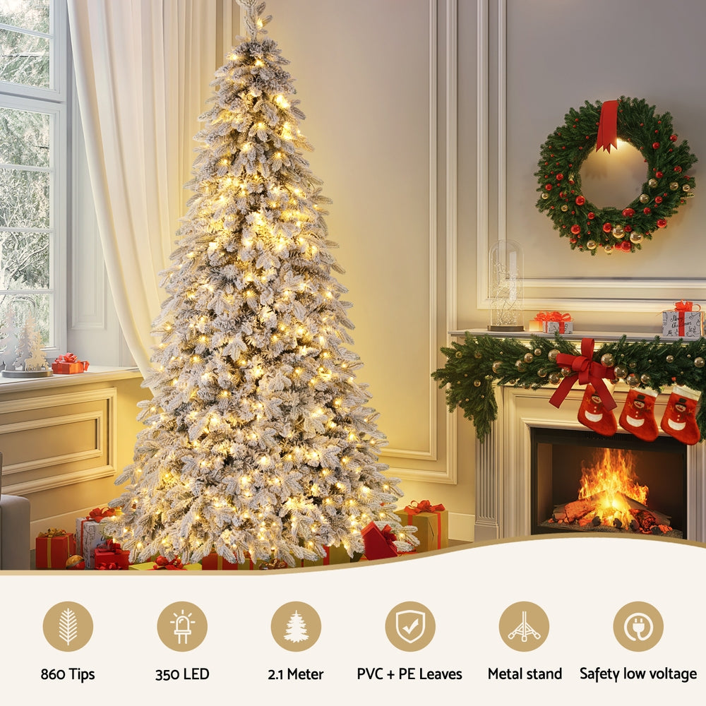 Jingle Jollys Christmas Tree 2.1m Flocking Pencil Tree LED Xmas 860 Tips White XM-TR-PENCIL-7FT-LED