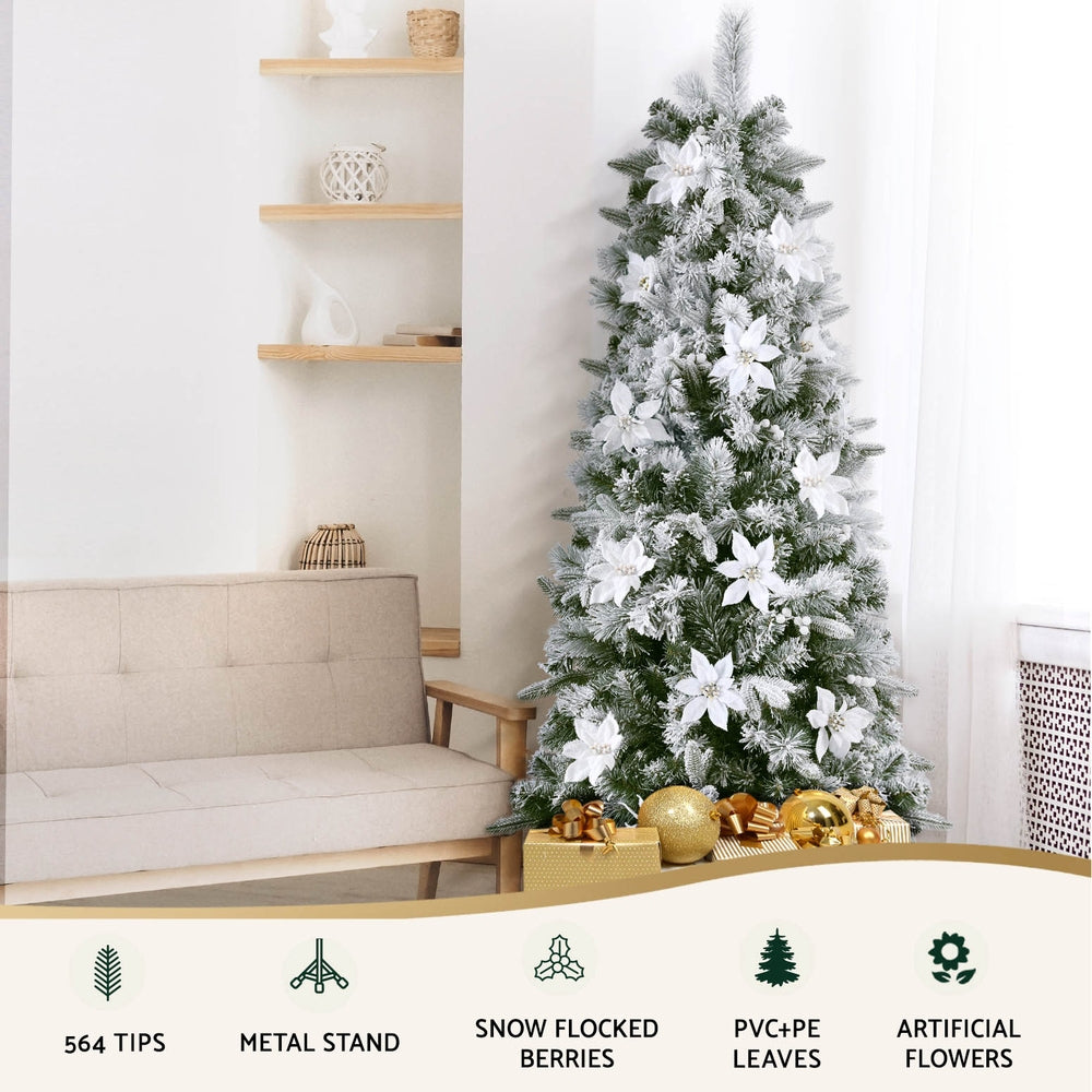 Jingle Jollys Christmas Tree 1.8m Xmas Tree Snow Flocked Flowers Decor 564 Tips XM-TR-SLIM-6F-GS