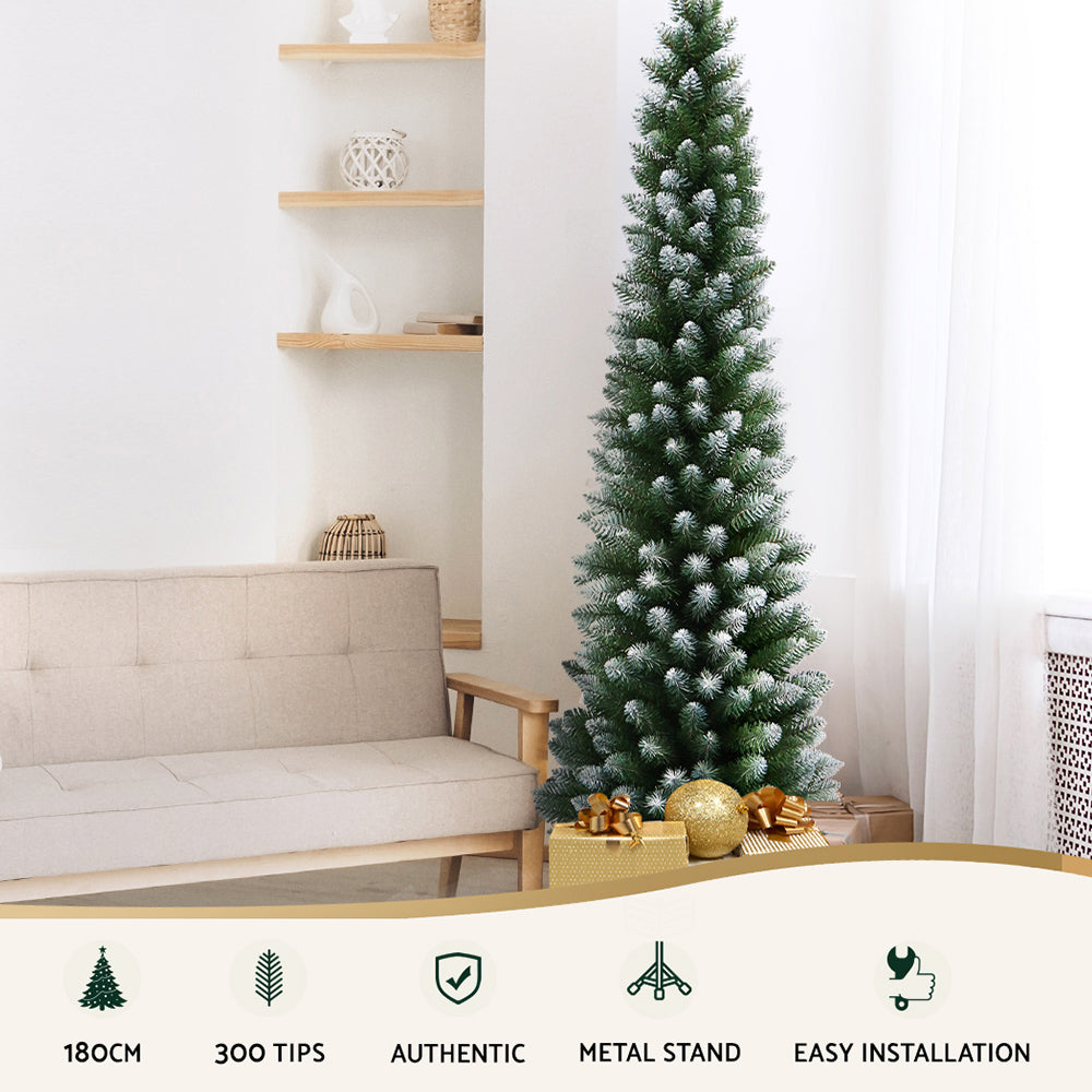 Jingle Jollys Christmas Tree 1.8m Xmas Tree Decorations Snowy 300 Tips XM-TR-SLIM-6F-SNOW