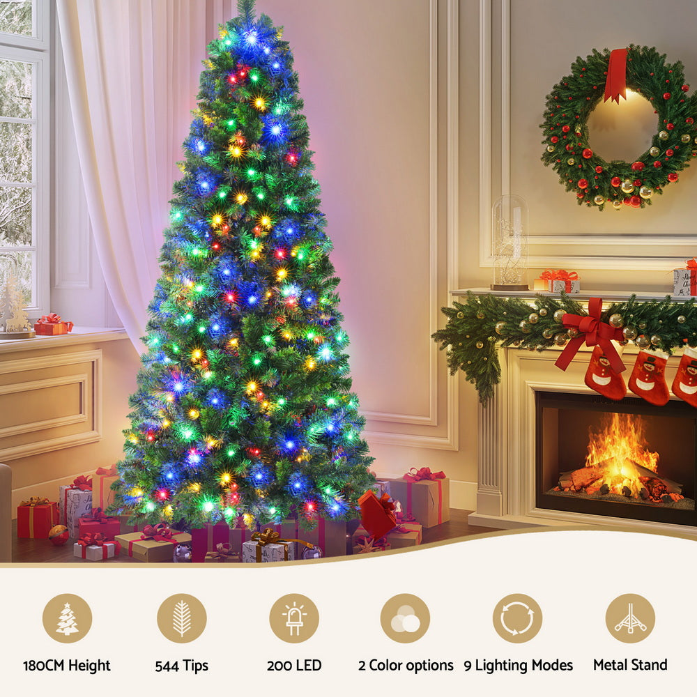 Jingle Jollys 1.8M Pre-lit Christmas Tree 8 Mode Multi Colour 200 LED Light Xmas XM-TR-SLIM-6FT-MC