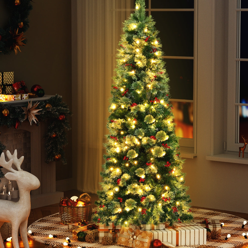 Jingle Jollys Christmas Tree 1.8M LED Xmas Tree Party Decorations Red Barries XM-TR-SLIM-PE-6FT-LED