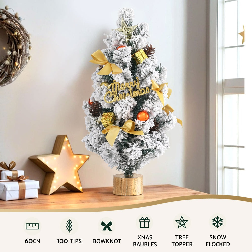 Jingle Jollys Tabletop Christmas Tree 60CM Snowy Xmas Tree Tree Topper Ornaments XM-TR-TABLETOP-2FT-GS-LED