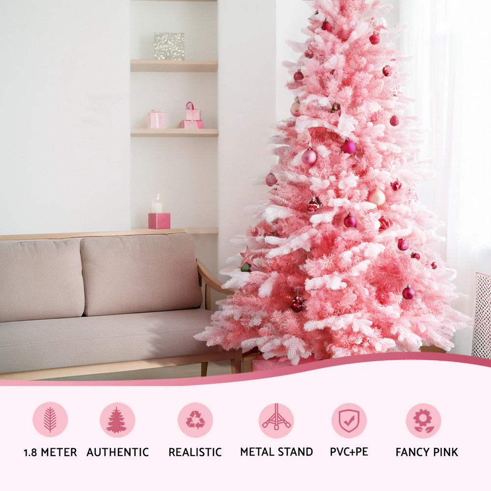 Jingle Jollys Christmas Tree 1.8m Pink Xmas Tree Snowy Party Decor 810 Tips XM-TR-WELL-6FT-PINK-GS