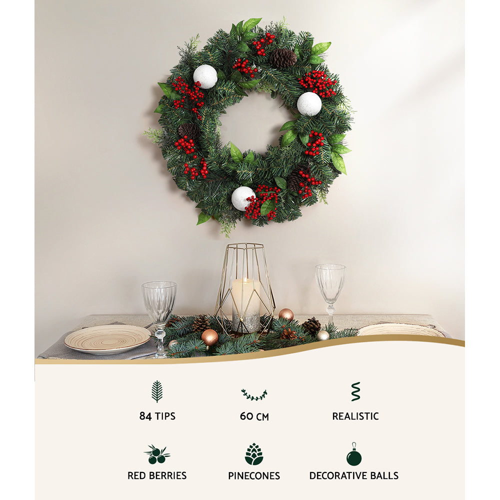 Jingle Jollys 2FT 60CM Christmas Wreath with Decor Xmas Tree Decoration XM-TR-WRE-2FT-BERRY-RED