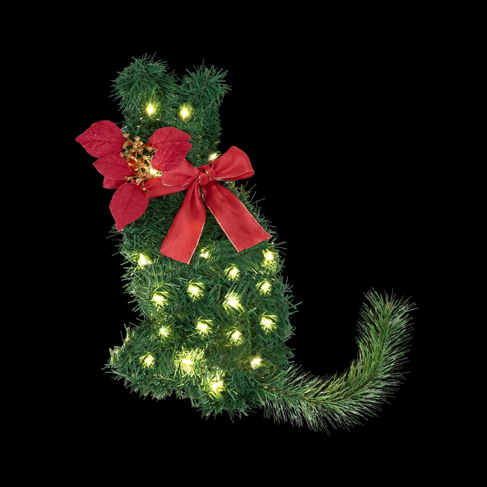 Jingle Jollys Cat Christmas Wreath Pre-lit 20 LED Xmas Decor Bow Flower 35x30cm XM-TR-WRE-CAT-LED