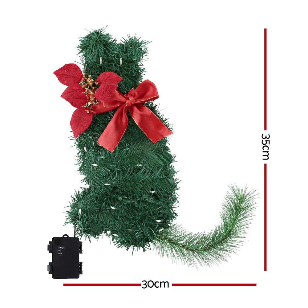 Jingle Jollys Cat Christmas Wreath Pre-lit 20 LED Xmas Decor Bow Flower 35x30cm XM-TR-WRE-CAT-LED