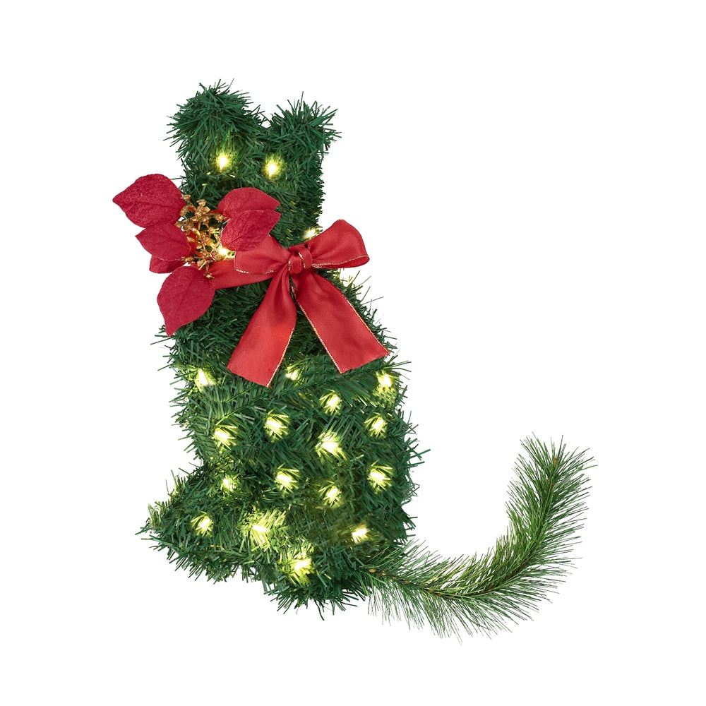 Jingle Jollys Cat Christmas Wreath Pre-lit 20 LED Xmas Decor Bow Flower 35x30cm XM-TR-WRE-CAT-LED
