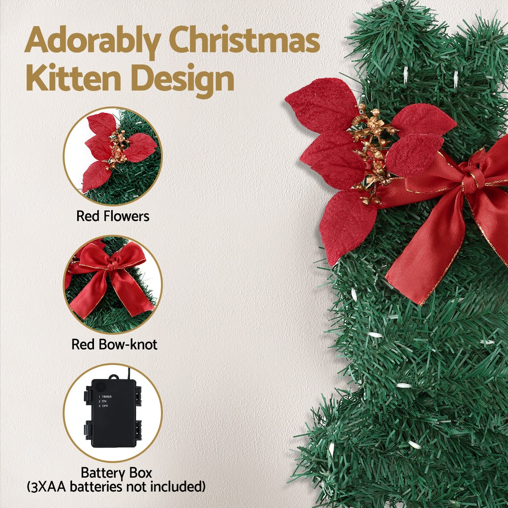 Jingle Jollys Cat Christmas Wreath Pre-lit 20 LED Xmas Decor Bow Flower 35x30cm XM-TR-WRE-CAT-LED