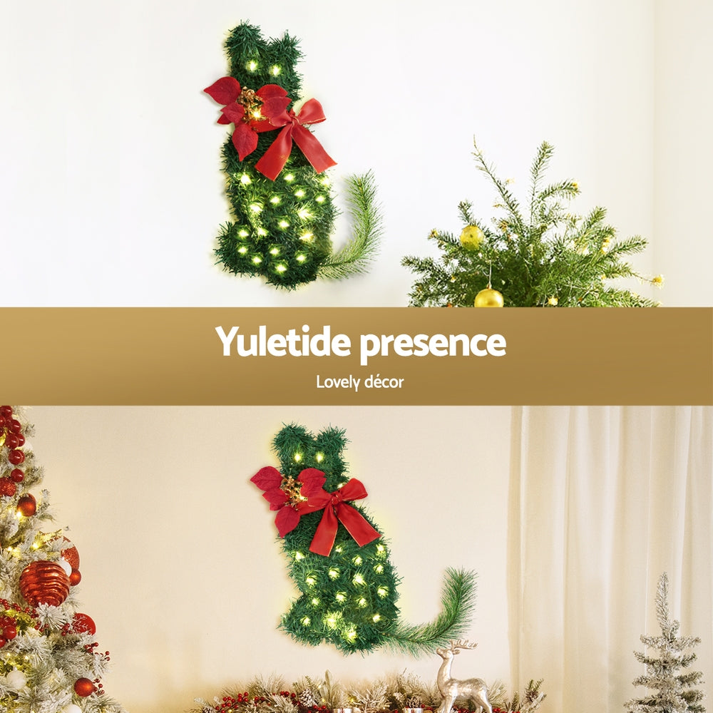 Jingle Jollys Cat Christmas Wreath Pre-lit 20 LED Xmas Decor Bow Flower 35x30cm XM-TR-WRE-CAT-LED