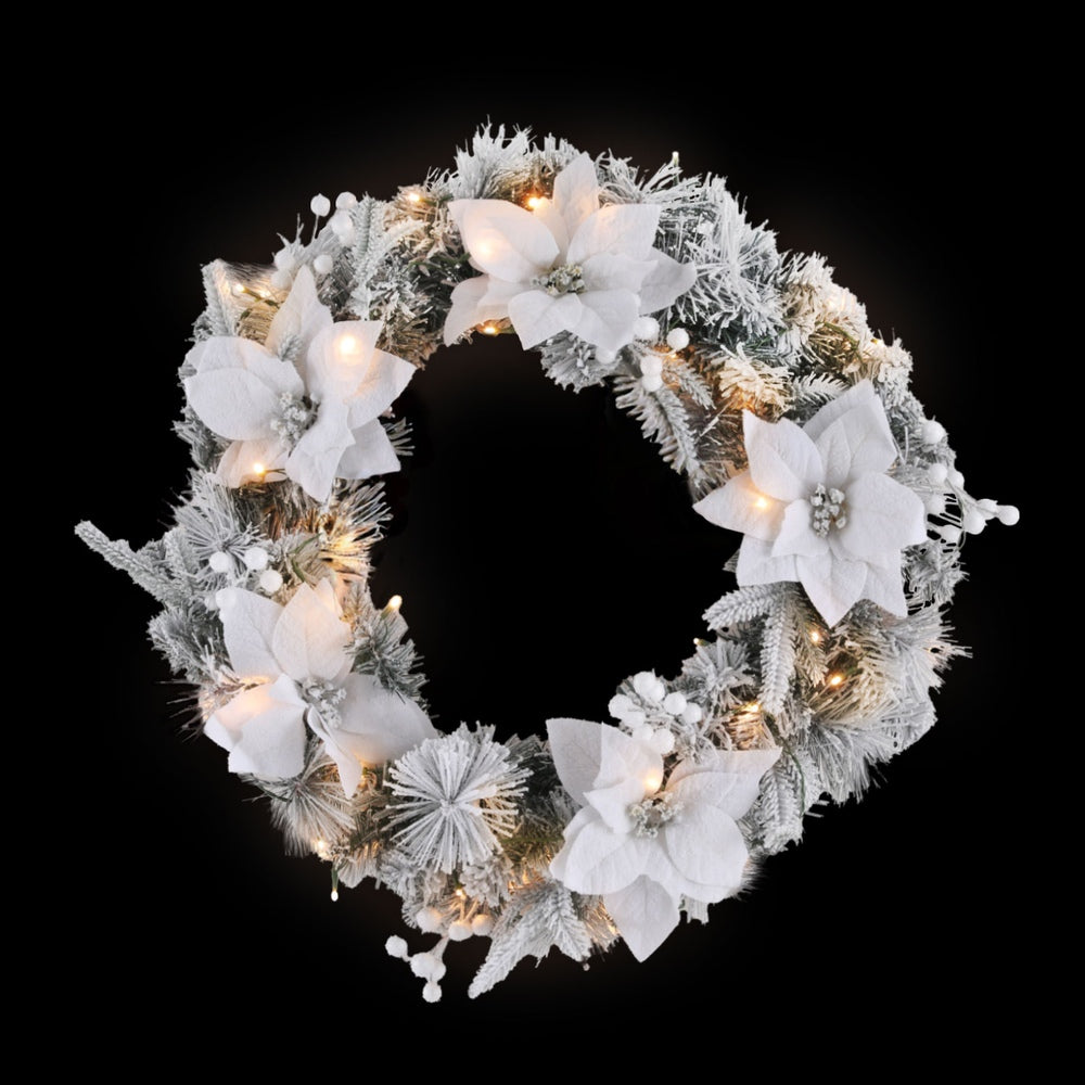 Jingle Jollys 60cm Christmas Wreath LED Lights Snowy Flowers Garland Party Decor XM-TR-WRE-FLOWER-GS-LED