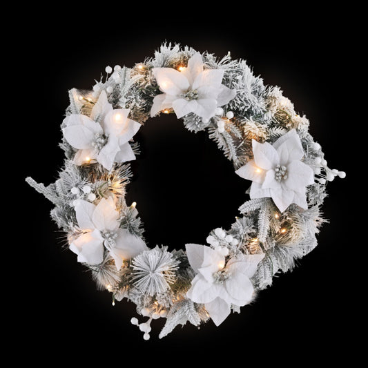 Jingle Jollys 60cm Christmas Wreath LED Lights Snowy Flowers Garland Party Decor XM-TR-WRE-FLOWER-GS-LED