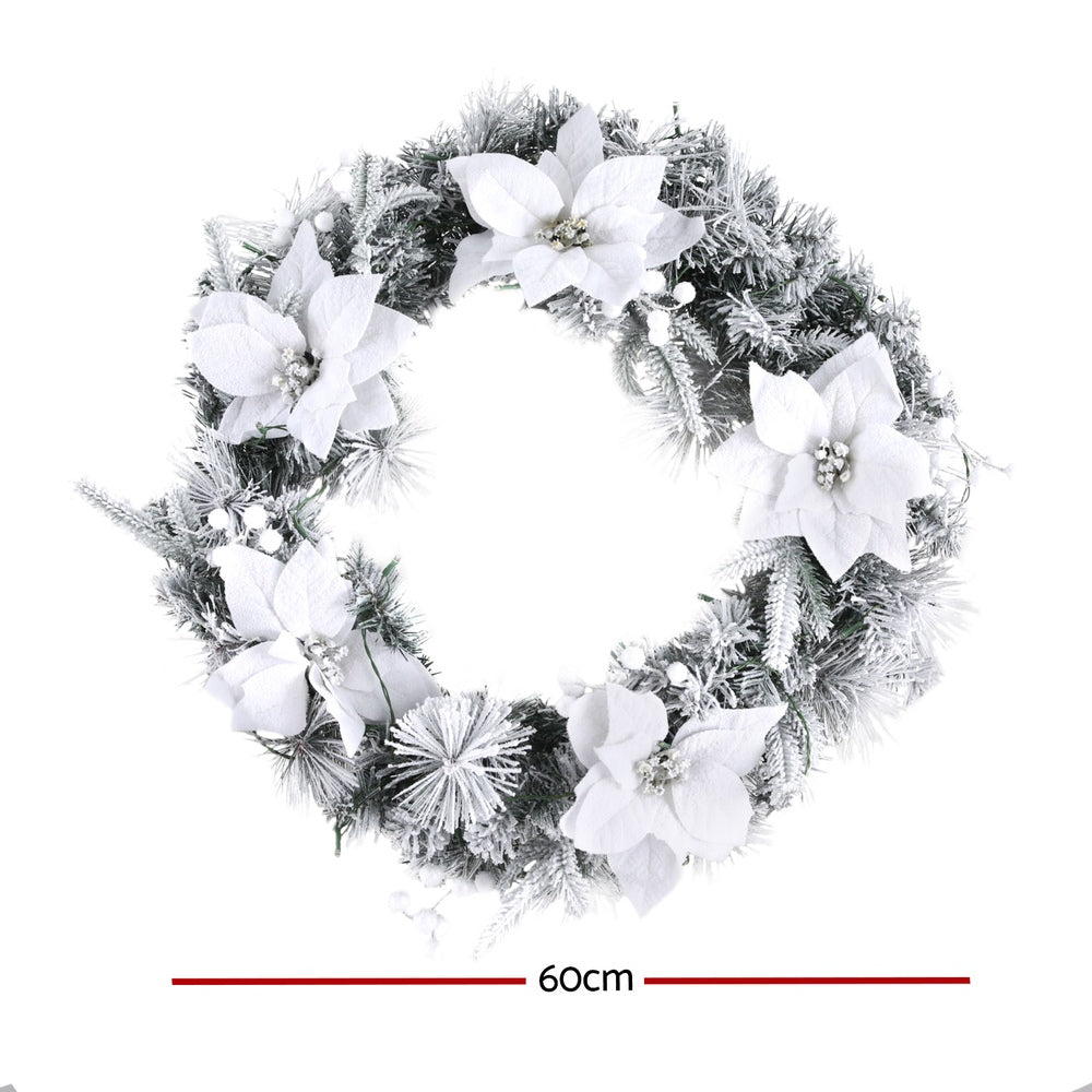 Jingle Jollys 60cm Christmas Wreath LED Lights Snowy Flowers Garland Party Decor XM-TR-WRE-FLOWER-GS-LED