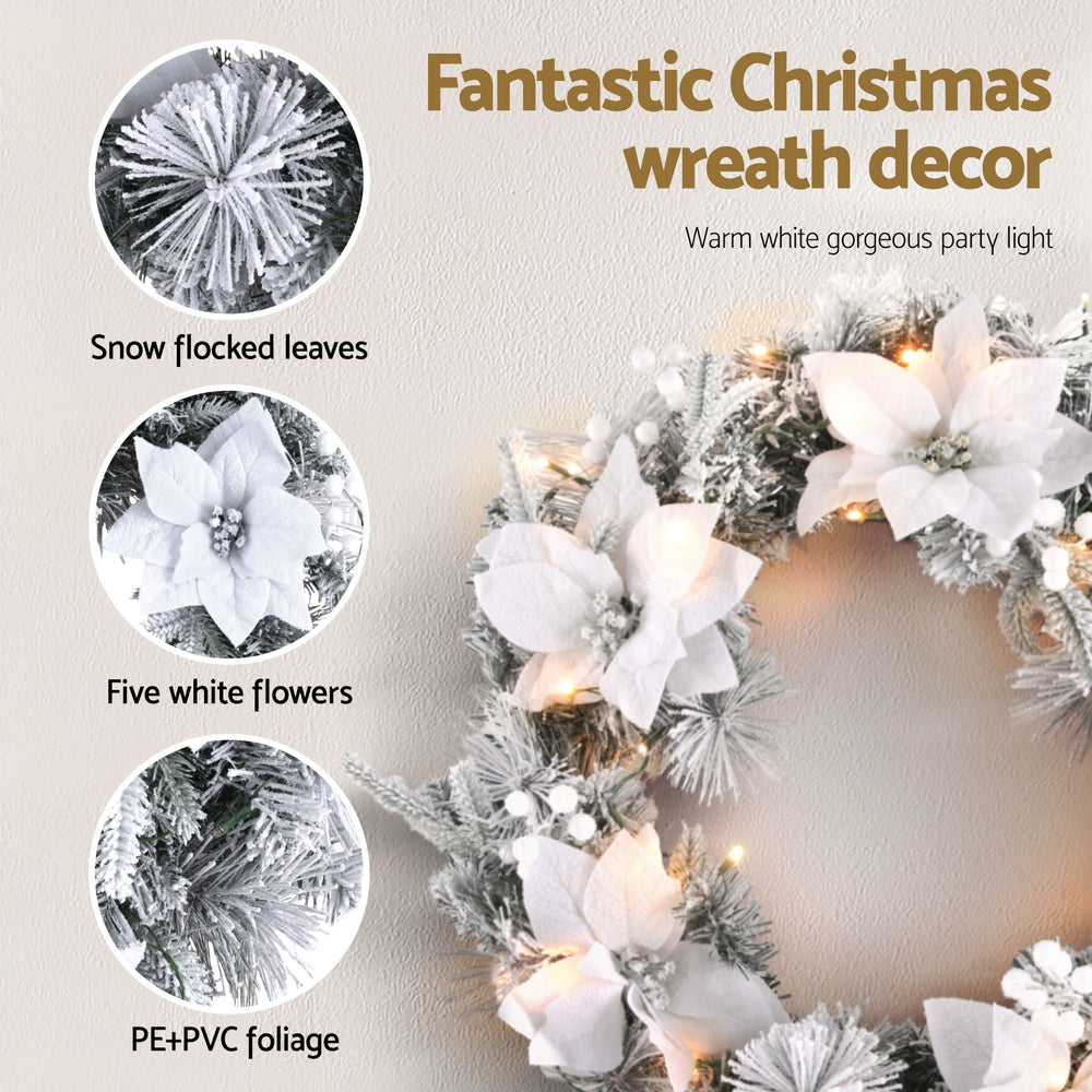 Jingle Jollys 60cm Christmas Wreath LED Lights Snowy Flowers Garland Party Decor XM-TR-WRE-FLOWER-GS-LED