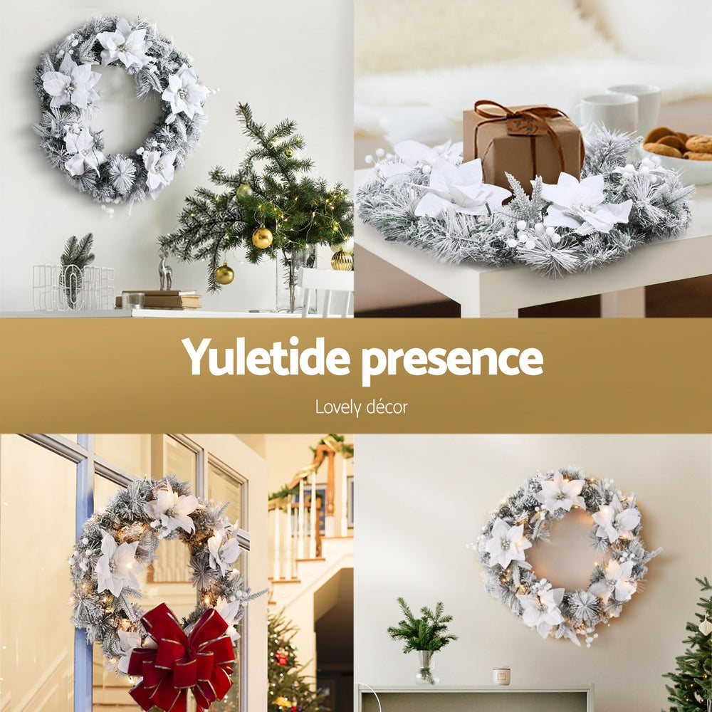 Jingle Jollys 60cm Christmas Wreath LED Lights Snowy Flowers Garland Party Decor XM-TR-WRE-FLOWER-GS-LED