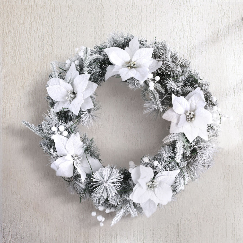 Jingle Jollys 60cm Christmas Wreath LED Lights Snowy Flowers Garland Party Decor XM-TR-WRE-FLOWER-GS-LED