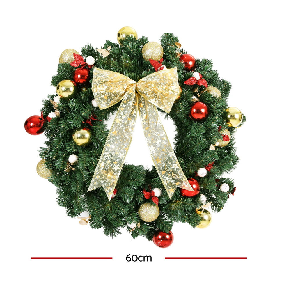 Jingle Jollys Christmas Wreath 60CM LED Garland Berries Bow Baubles Xmas Decor XM-TR-WRE-ORNAMENTS-2FT-LED
