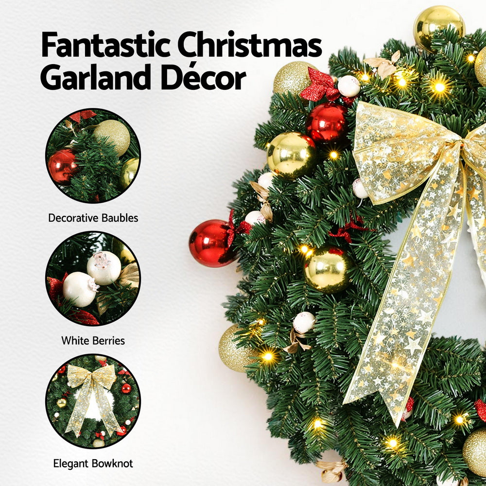 Jingle Jollys Christmas Wreath 60CM LED Garland Berries Bow Baubles Xmas Decor XM-TR-WRE-ORNAMENTS-2FT-LED