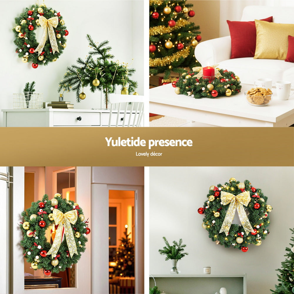 Jingle Jollys Christmas Wreath 60CM LED Garland Berries Bow Baubles Xmas Decor XM-TR-WRE-ORNAMENTS-2FT-LED