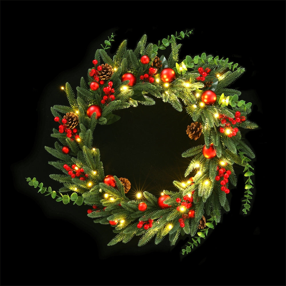 Jingle Jollys Christmas Wreath 60CM LED Garland Berries Pine Cones Party Decor XM-TR-WRE-RD-2FT-LED
