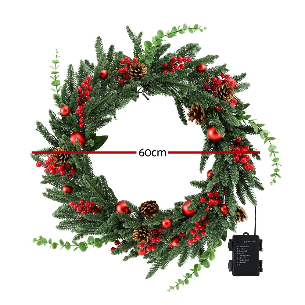 Jingle Jollys Christmas Wreath 60CM LED Garland Berries Pine Cones Party Decor XM-TR-WRE-RD-2FT-LED