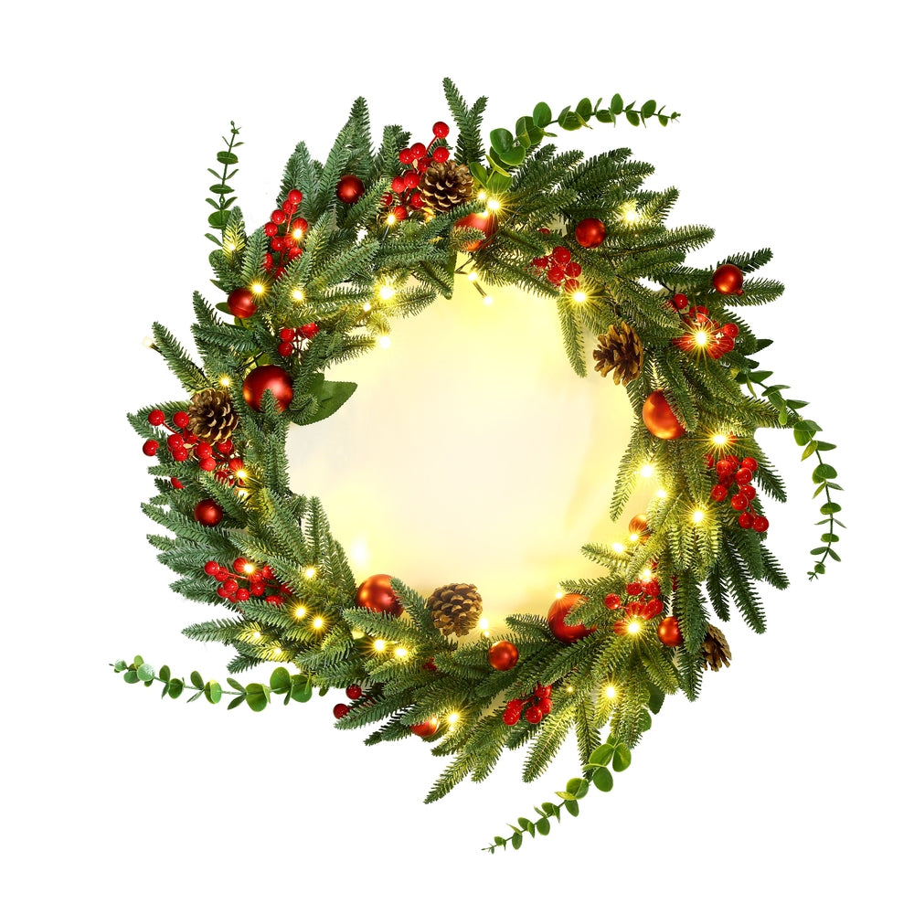 Jingle Jollys Christmas Wreath 60CM LED Garland Berries Pine Cones Party Decor XM-TR-WRE-RD-2FT-LED