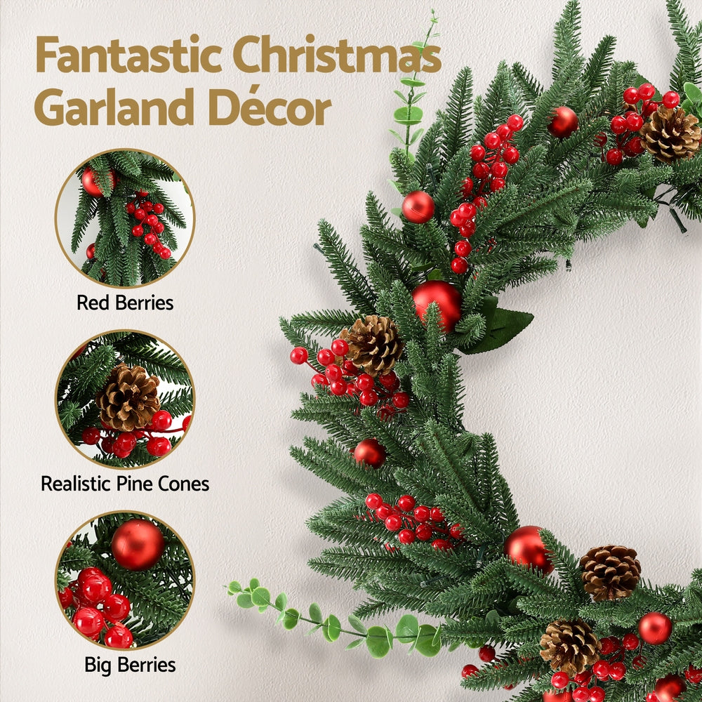 Jingle Jollys Christmas Wreath 60CM LED Garland Berries Pine Cones Party Decor XM-TR-WRE-RD-2FT-LED