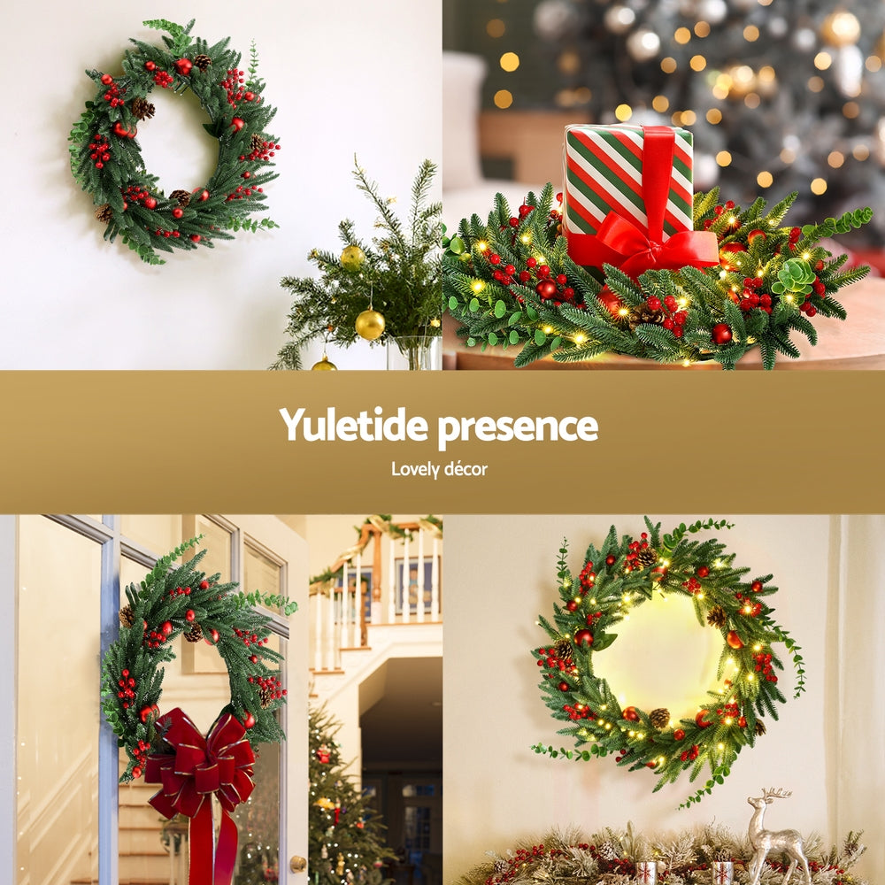 Jingle Jollys Christmas Wreath 60CM LED Garland Berries Pine Cones Party Decor XM-TR-WRE-RD-2FT-LED