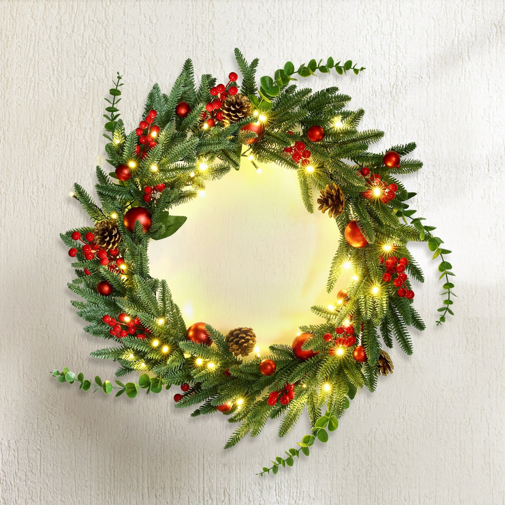 Jingle Jollys Christmas Wreath 60CM LED Garland Berries Pine Cones Party Decor XM-TR-WRE-RD-2FT-LED