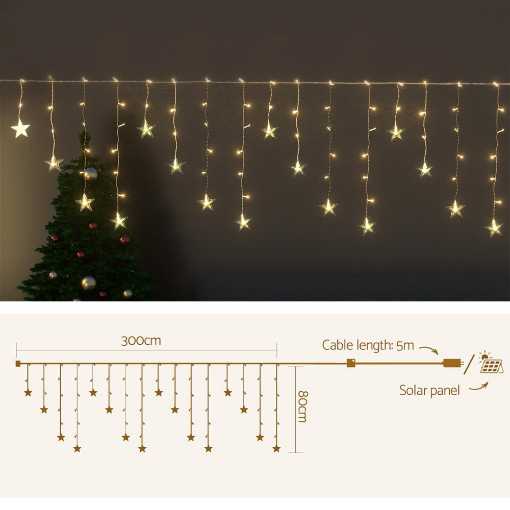 Jingle Jollys Solar Christmas Lights 80 LED 3M Icicle Light Star Decorations XMAS-CUR300-1M-STAR-WARM
