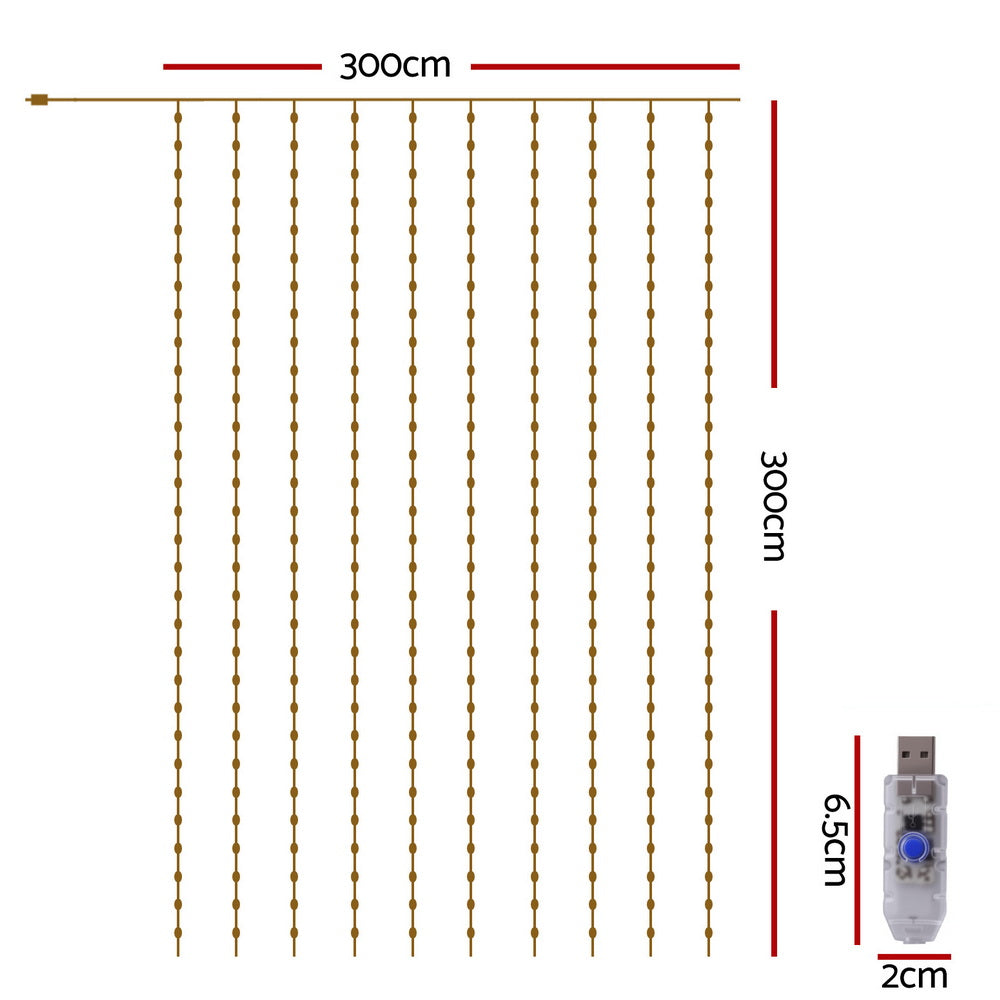 Jingle Jollys 3X3M Christmas Lights Curtain String Light 300 LED Warm White XMAS-CUR300-3X3-WARM