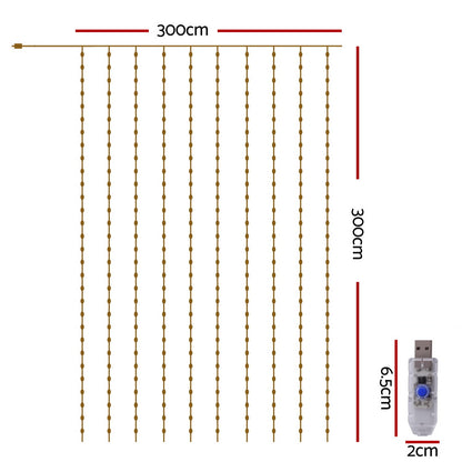 Jingle Jollys 3X3M Christmas Lights Curtain String Light 300 LED Warm White XMAS-CUR300-3X3-WARM