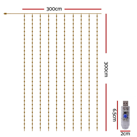 Jingle Jollys 3X3M Christmas Lights Curtain String Light 300 LED Warm White XMAS-CUR300-3X3-WARM
