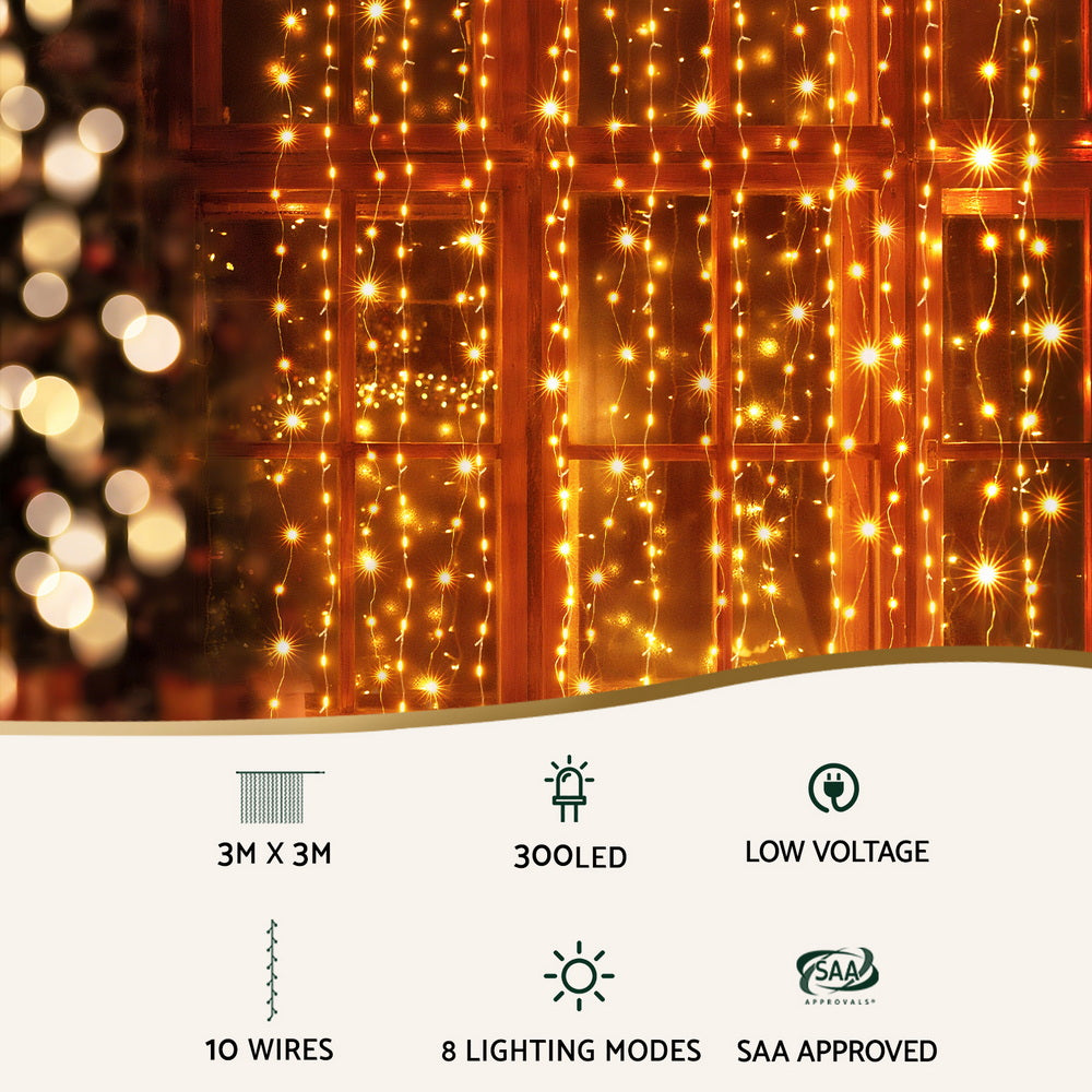 Jingle Jollys 3X3M Christmas Lights Curtain String Light 300 LED Warm White XMAS-CUR300-3X3-WARM
