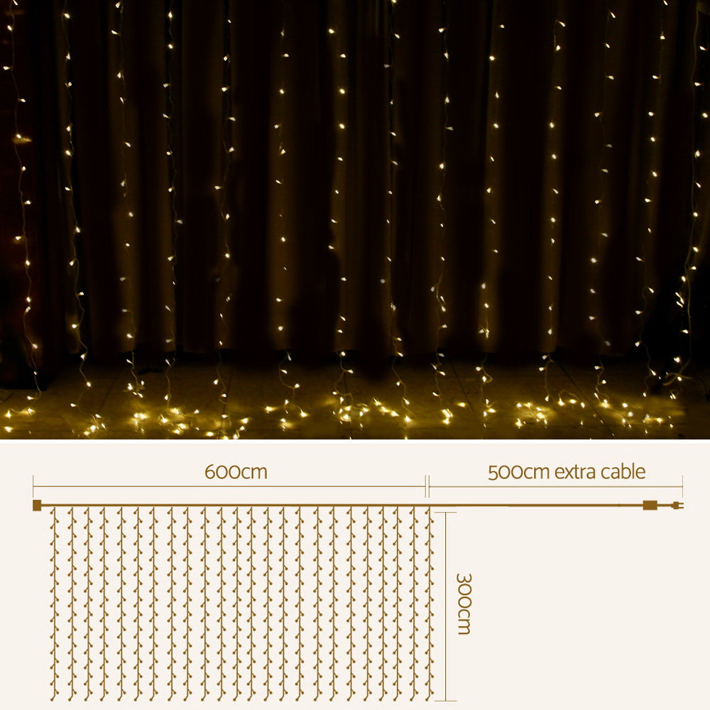 3X6M Christmas Lights Curtain Light Warm White 600 LED Jingle Jollys XMAS-CUR600-6M-WARM