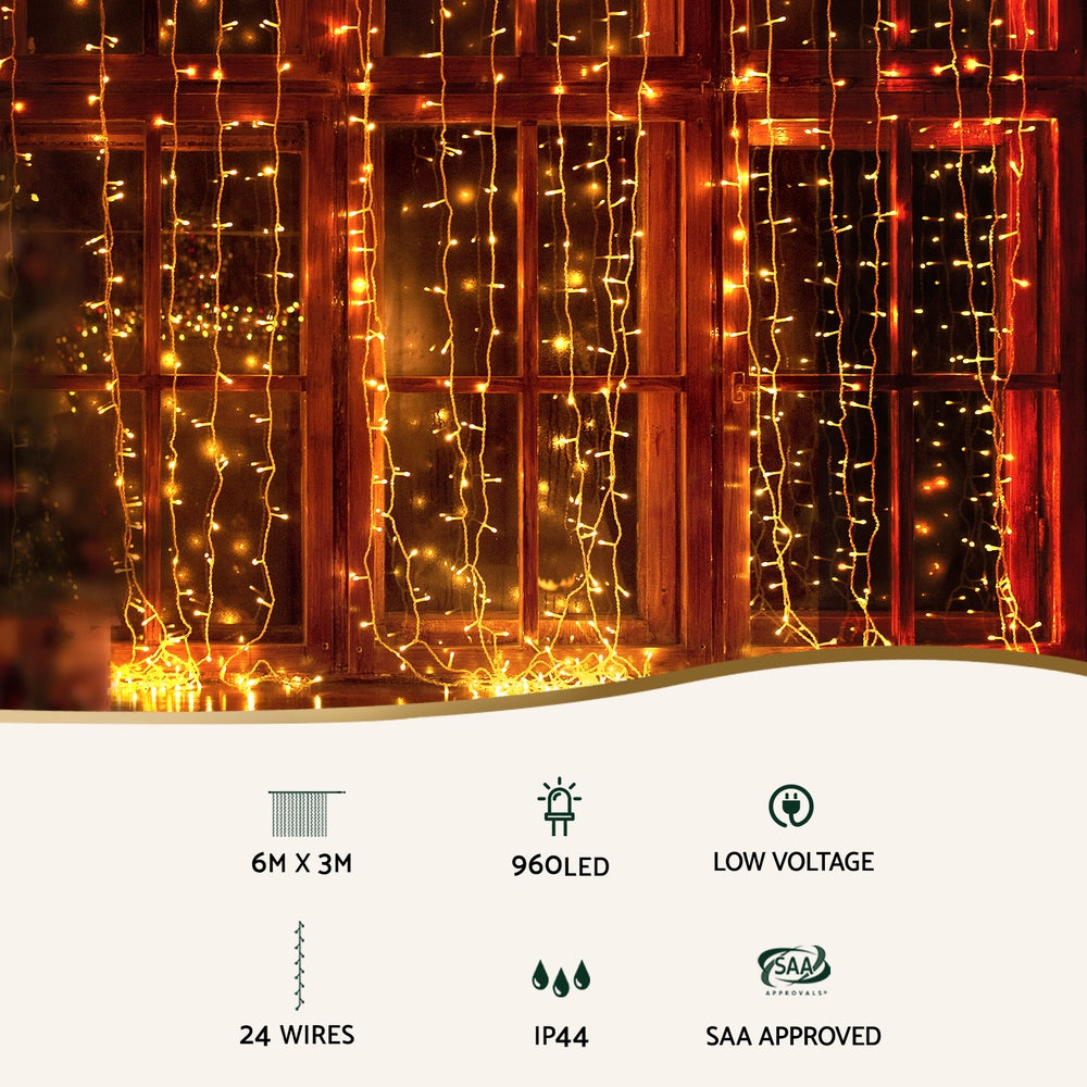 3X6M Christmas Lights Curtain Light 960 LED RGB Remote Jingle Jollys XMAS-CUR600-6M-WARM-MC