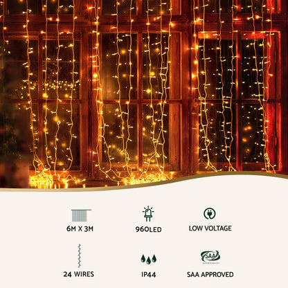 3X6M Christmas Lights Curtain Light 960 LED RGB Remote Jingle Jollys XMAS-CUR600-6M-WARM-MC