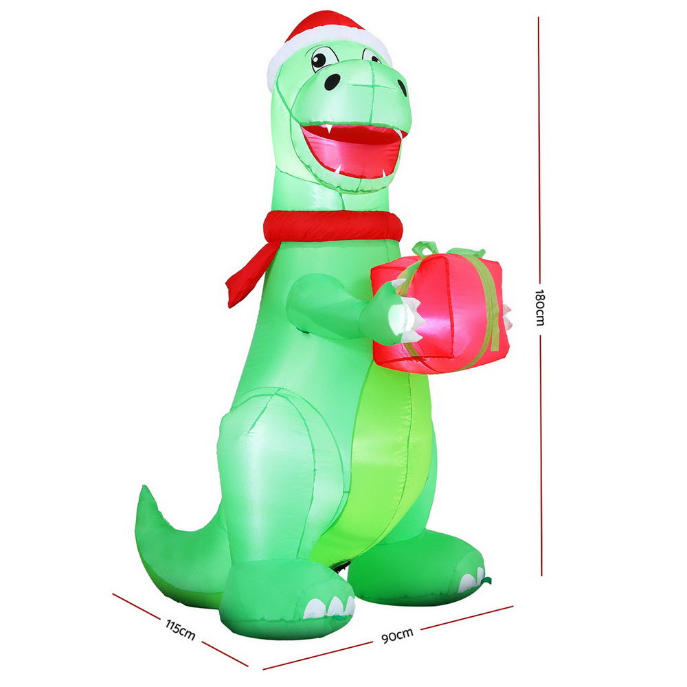 Jingle Jollys Christmas Inflatable Dinosaur 1.8M Height LED Decorations Illuminated XMAS-INF-DINO-GIFT-6FT
