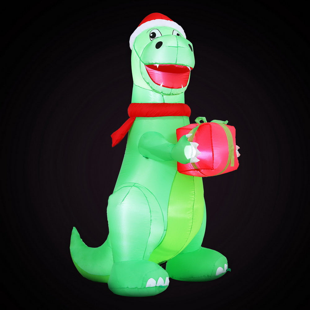 Jingle Jollys Christmas Inflatable Dinosaur 1.8M Height LED Decorations Illuminated XMAS-INF-DINO-GIFT-6FT