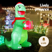 Jingle Jollys Christmas Inflatable Dinosaur 1.8M Height LED Decorations Illuminated XMAS-INF-DINO-GIFT-6FT
