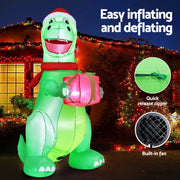 Jingle Jollys Christmas Inflatable Dinosaur 1.8M Height LED Decorations Illuminated XMAS-INF-DINO-GIFT-6FT