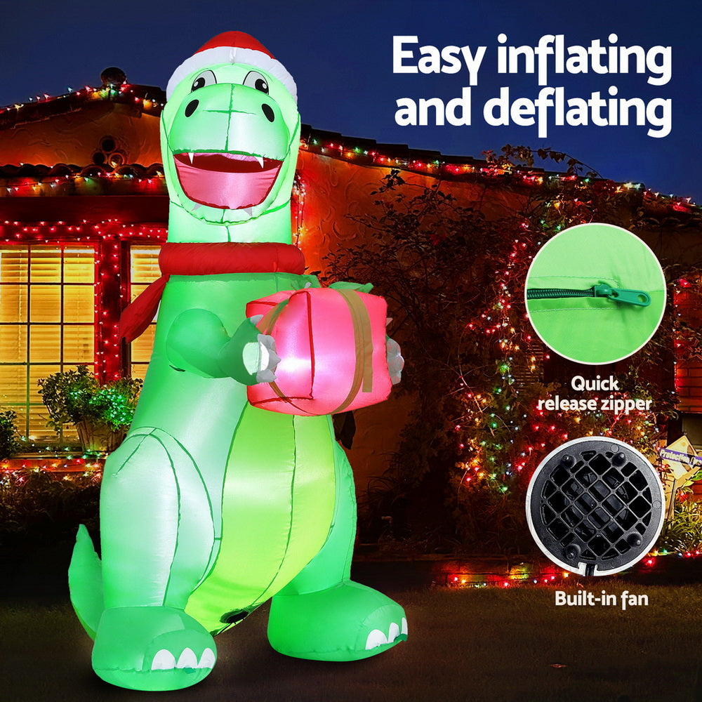 Jingle Jollys Christmas Inflatable Dinosaur 1.8M Height LED Decorations Illuminated XMAS-INF-DINO-GIFT-6FT