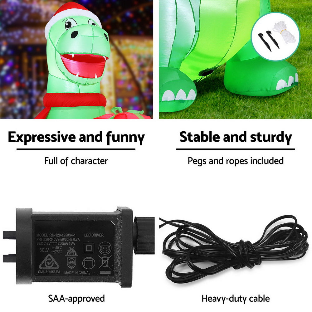 Jingle Jollys Christmas Inflatable Dinosaur 1.8M Height LED Decorations Illuminated XMAS-INF-DINO-GIFT-6FT