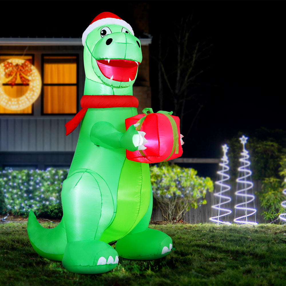 Jingle Jollys Christmas Inflatable Dinosaur 1.8M Height LED Decorations Illuminated XMAS-INF-DINO-GIFT-6FT
