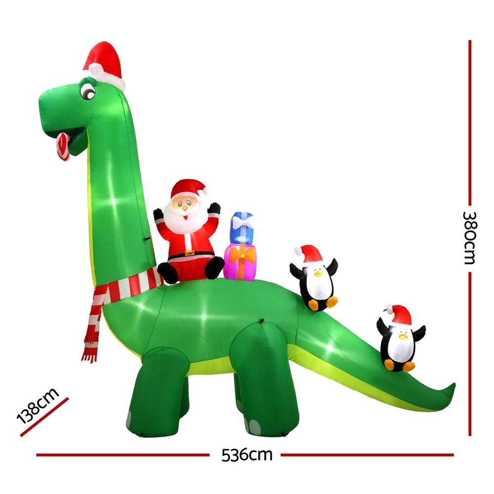 Jingle Jollys Christmas Inflatable Santa Dinosaur 3.8M Illuminated Decorations XMAS-INF-DINO-GR-13FT