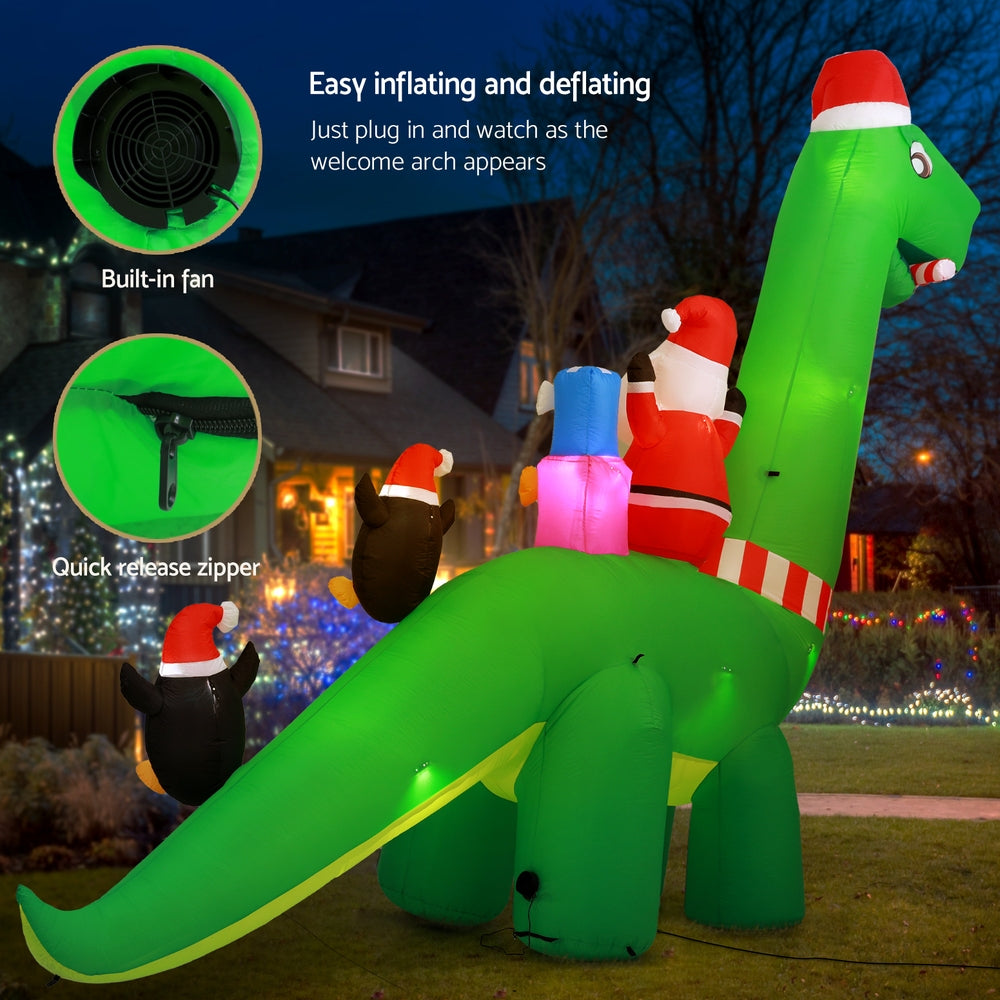 Jingle Jollys Christmas Inflatable Santa Dinosaur 3.8M Illuminated Decorations XMAS-INF-DINO-GR-13FT