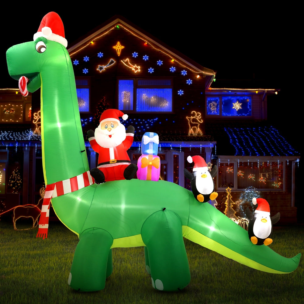 Jingle Jollys Christmas Inflatable Santa Dinosaur 3.8M Illuminated Decorations XMAS-INF-DINO-GR-13FT
