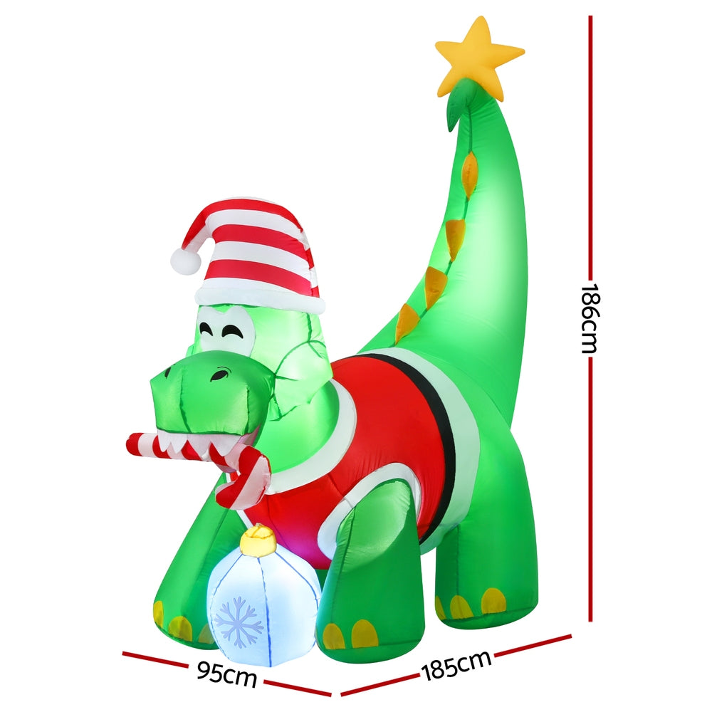 Jingle Jollys Christmas Inflatable Dinosaur 1.86M Height LED Decorations Illuminated XMAS-INF-DINO-GR-6FT