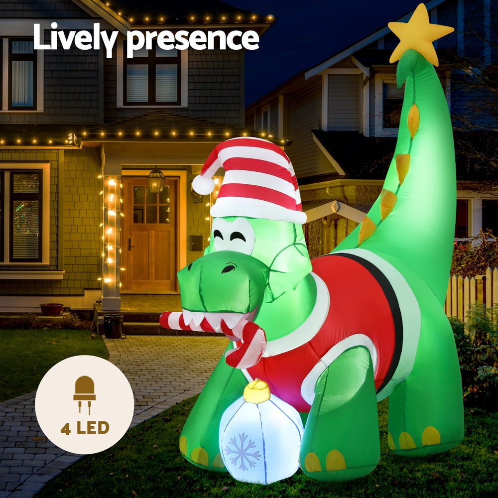 Jingle Jollys Christmas Inflatable Dinosaur 1.86M Height LED Decorations Illuminated XMAS-INF-DINO-GR-6FT